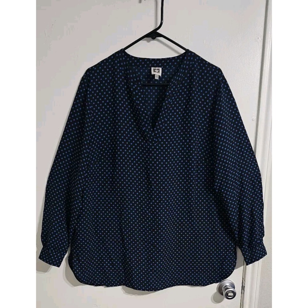 Anne Klein Womens Polka Dot Tunic Top Blouse Women Black Blue V Neck Lightweight